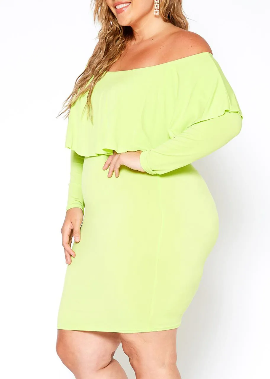 Plus Size Long Sleeves Ruffle Off Shoulder Bodycon Mini Dress