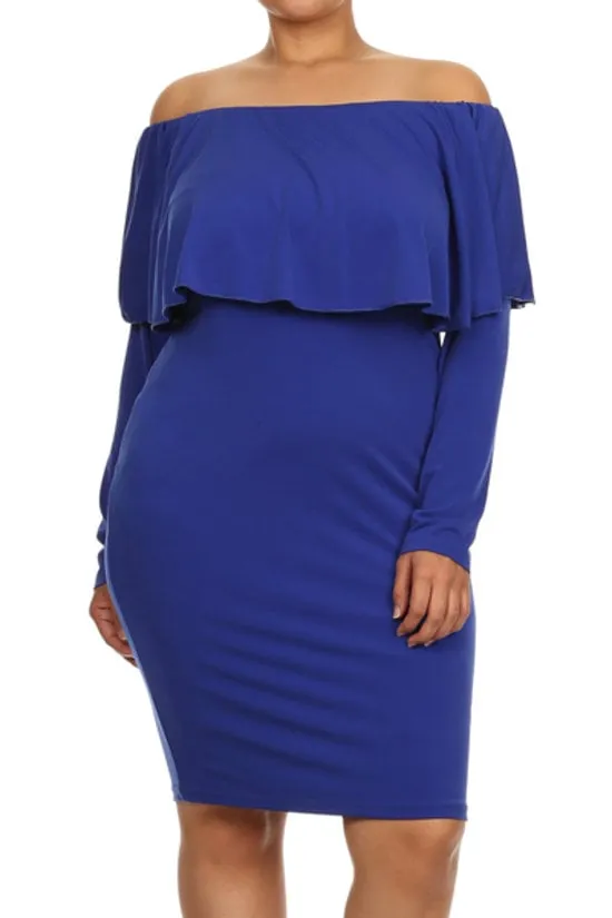 Plus Size Long Sleeves Ruffle Off Shoulder Bodycon Mini Dress