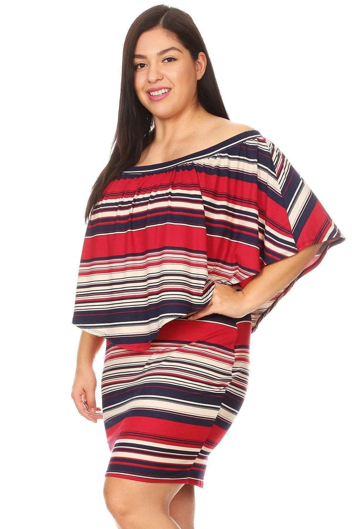 Plus Size Off Shoulder Multi Stripe Ruffle overlay bodycon Party Dress