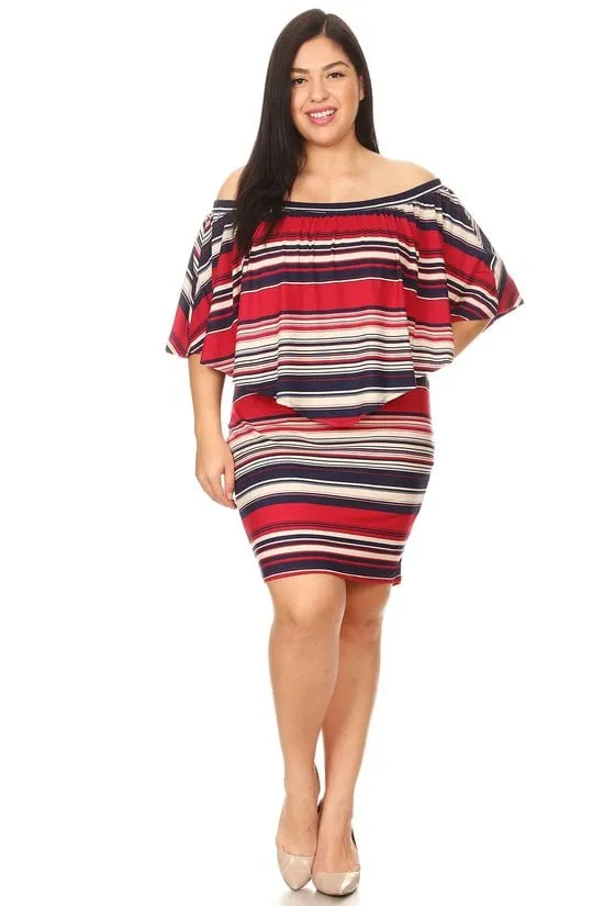 Plus Size Off Shoulder Multi Stripe Ruffle overlay bodycon Party Dress