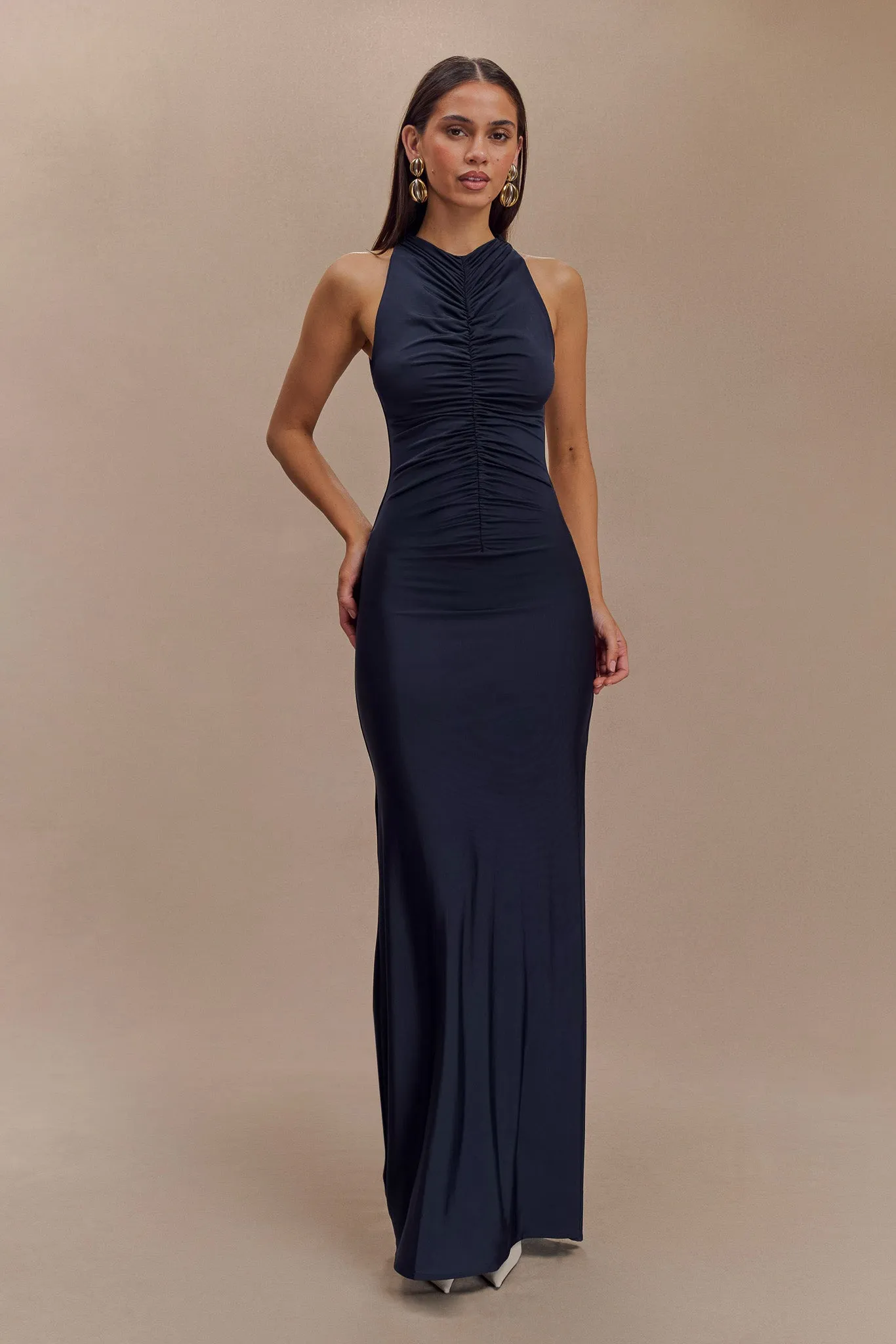 Priya Slinky Ruched Halter Maxi Dress - Navy