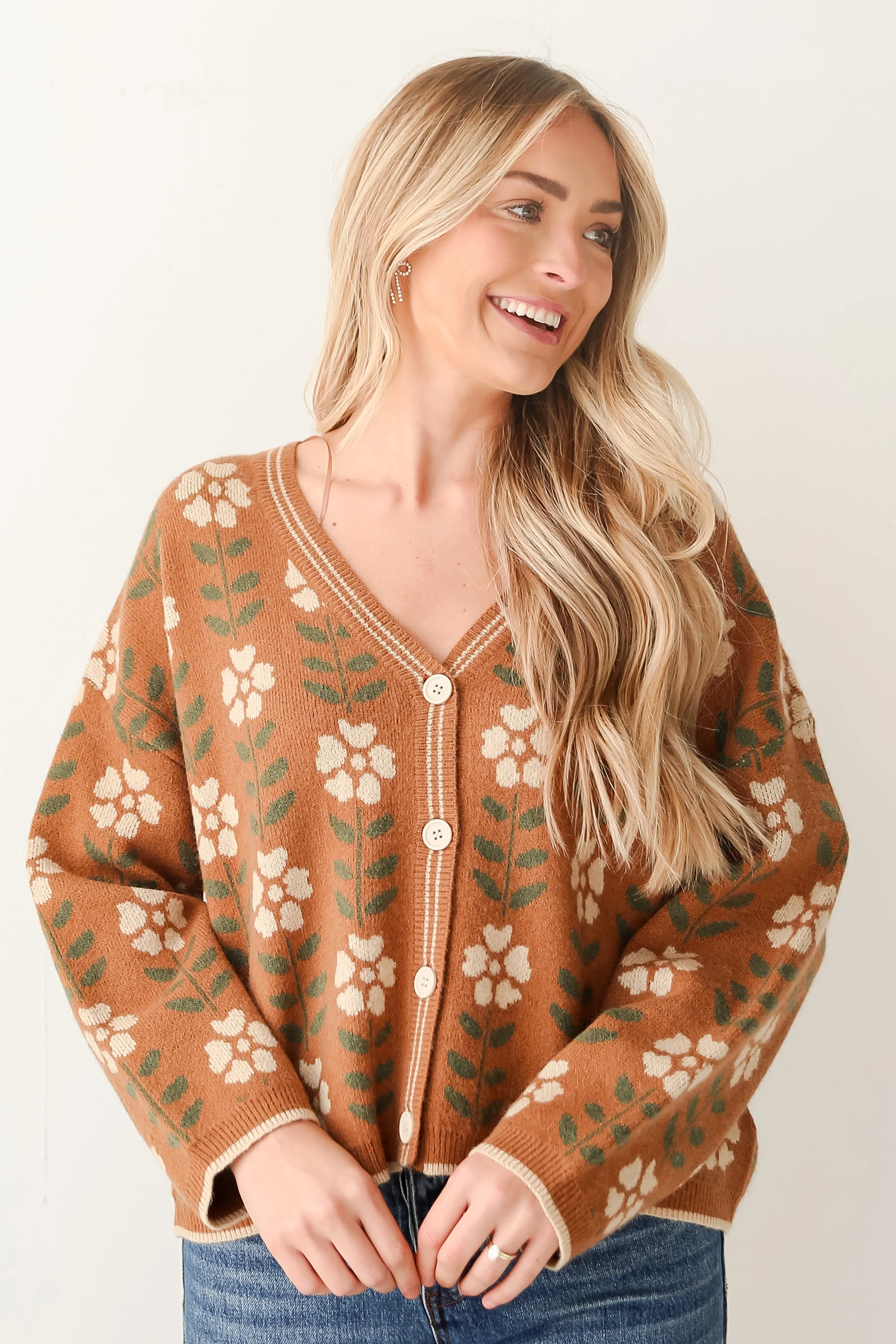 Promising Style Camel Oversized Floral Sweater Cardigan