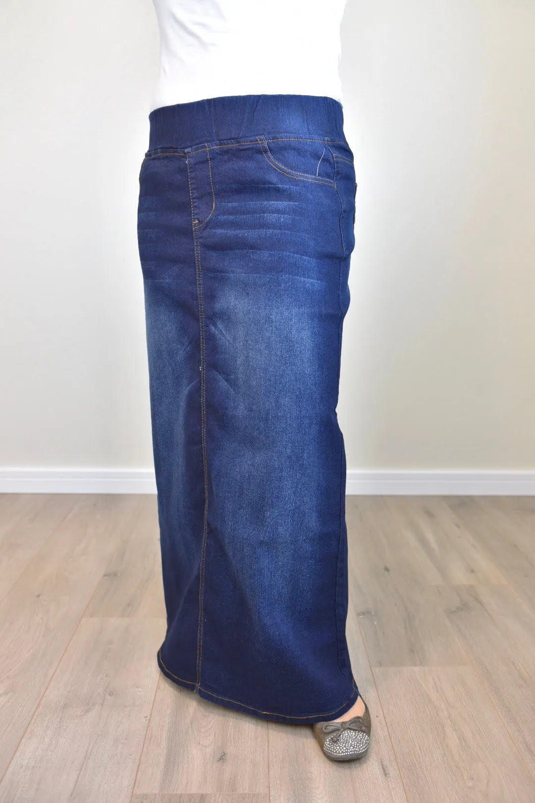 "Harper" Dark Indigo Long Straight Denim Skirt With Elastic Waistband