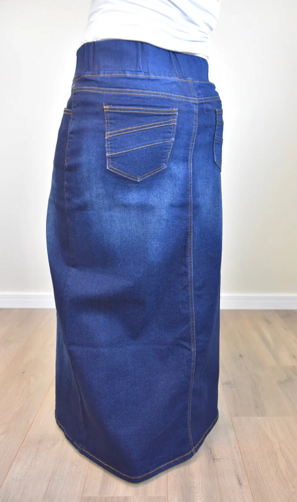 "Harper" Dark Indigo Long Straight Denim Skirt With Elastic Waistband