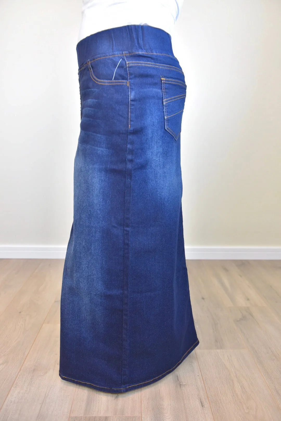 "Harper" Dark Indigo Long Straight Denim Skirt With Elastic Waistband