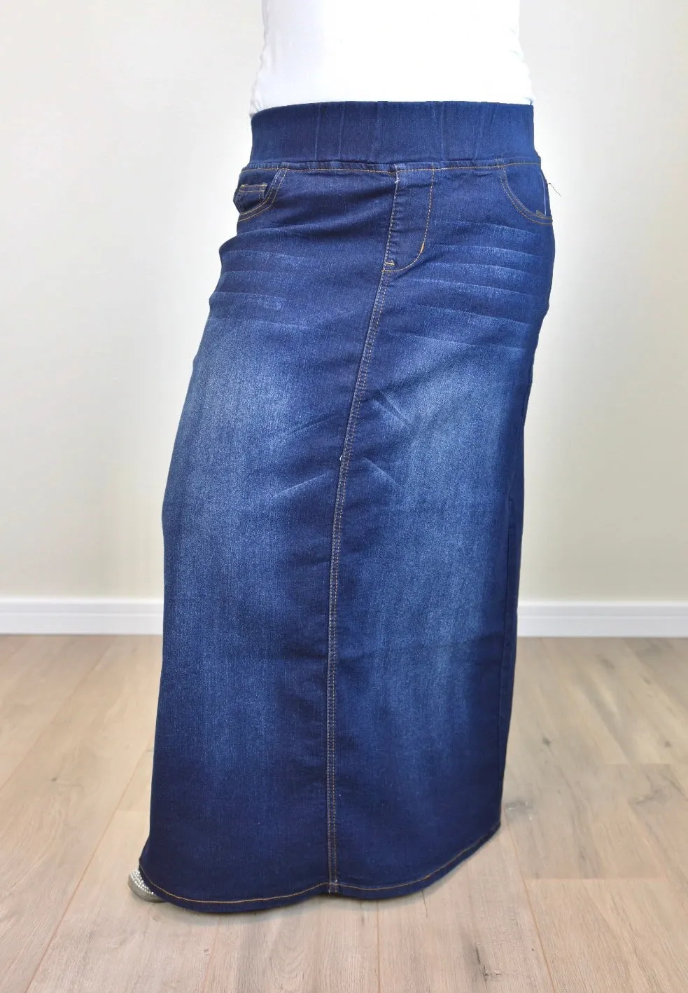 "Harper" Dark Indigo Long Straight Denim Skirt With Elastic Waistband