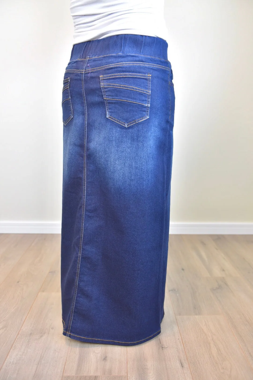 "Harper" Dark Indigo Long Straight Denim Skirt With Elastic Waistband