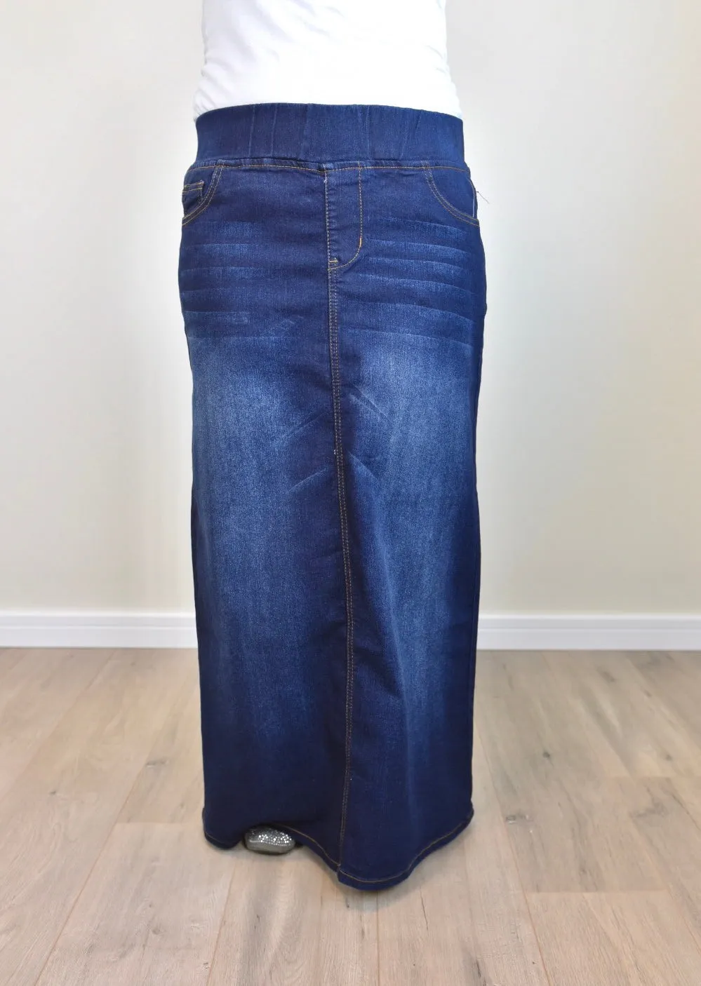 "Harper" Dark Indigo Long Straight Denim Skirt With Elastic Waistband