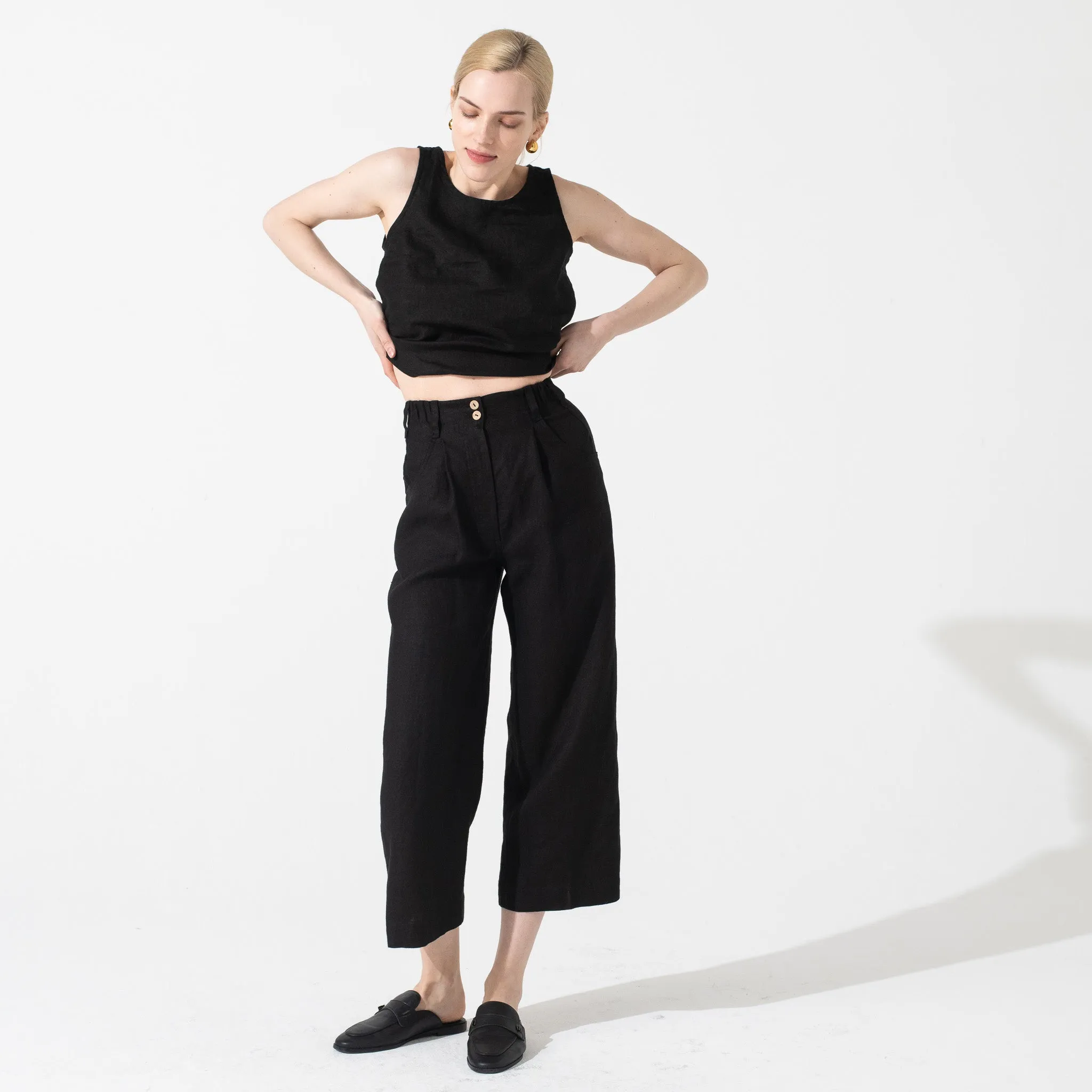 R: DAMME-2 high-waisted linen pants (Size: XS; Color: Deepest Black)