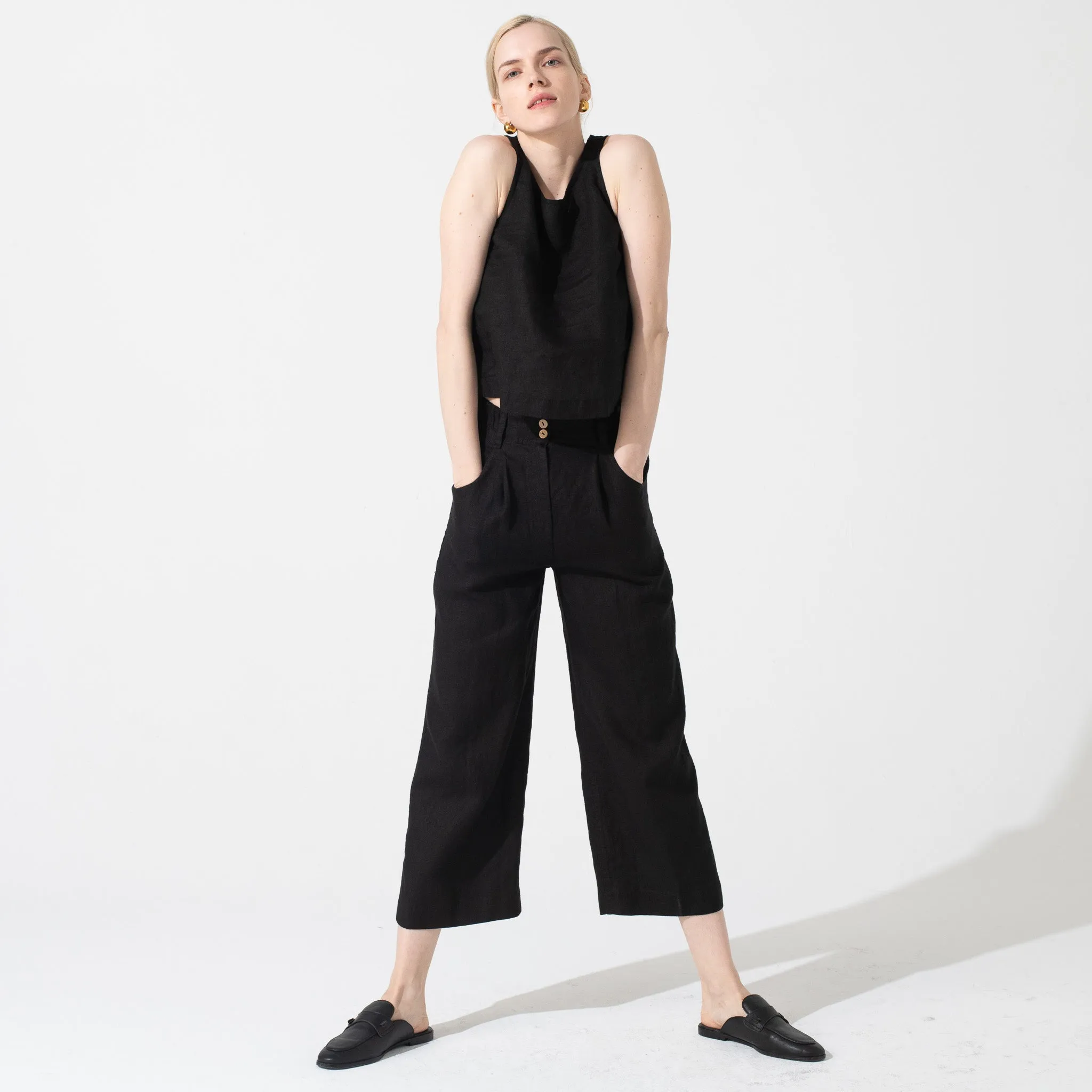 R: DAMME-2 high-waisted linen pants (Size: XS; Color: Deepest Black)