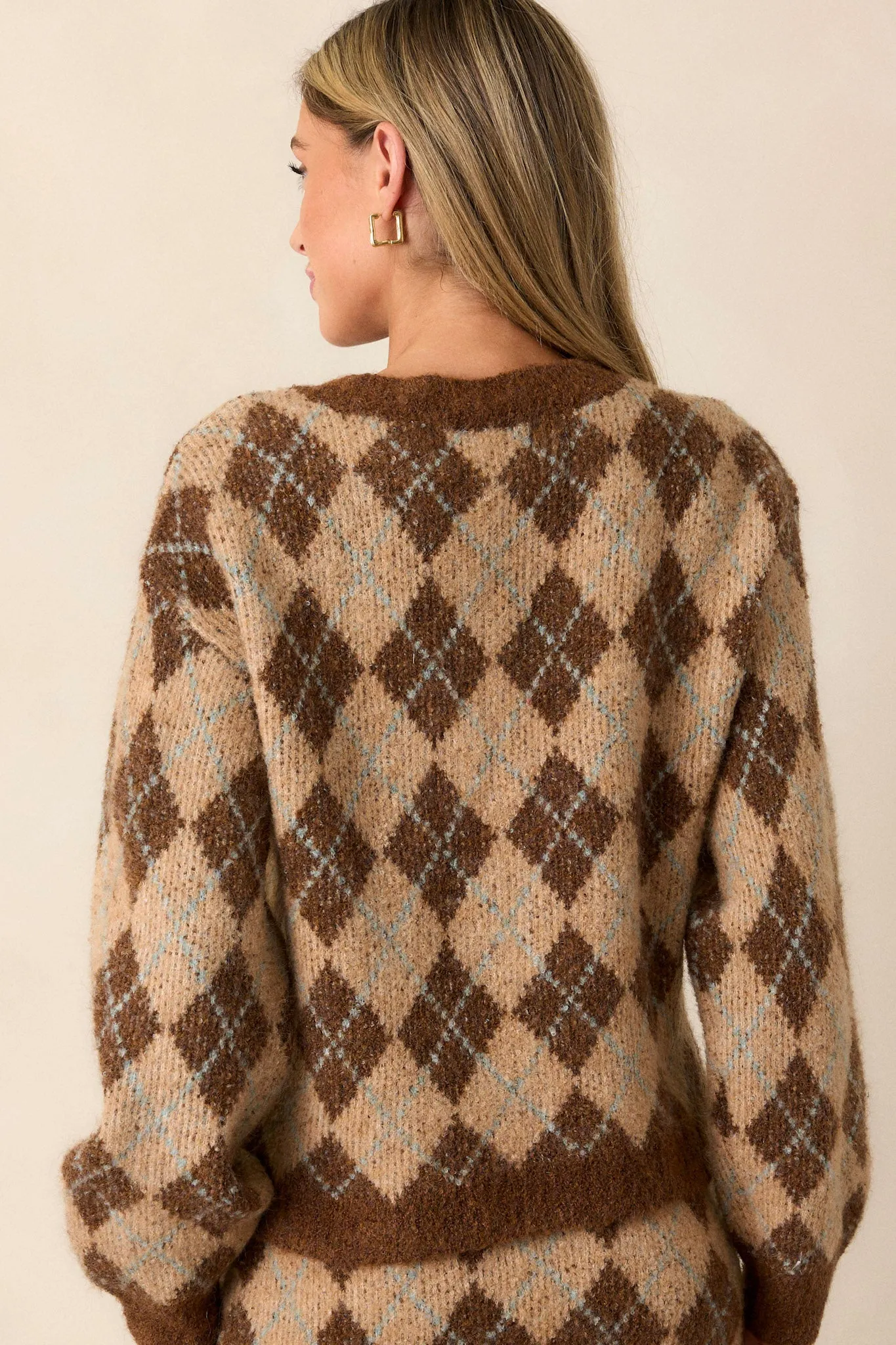 Radiant Moon Brown Argyle Knit Cardigan