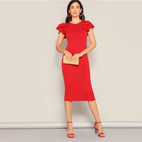 Red Layered Ruffle Sleeve Crisscross Back Bodycon Dress Women Summer Elegant Sleeveless Solid Slim Midi Party Dress