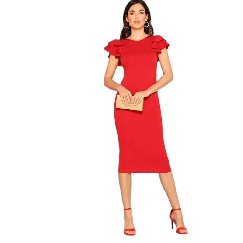 Red Layered Ruffle Sleeve Crisscross Back Bodycon Dress Women Summer Elegant Sleeveless Solid Slim Midi Party Dress