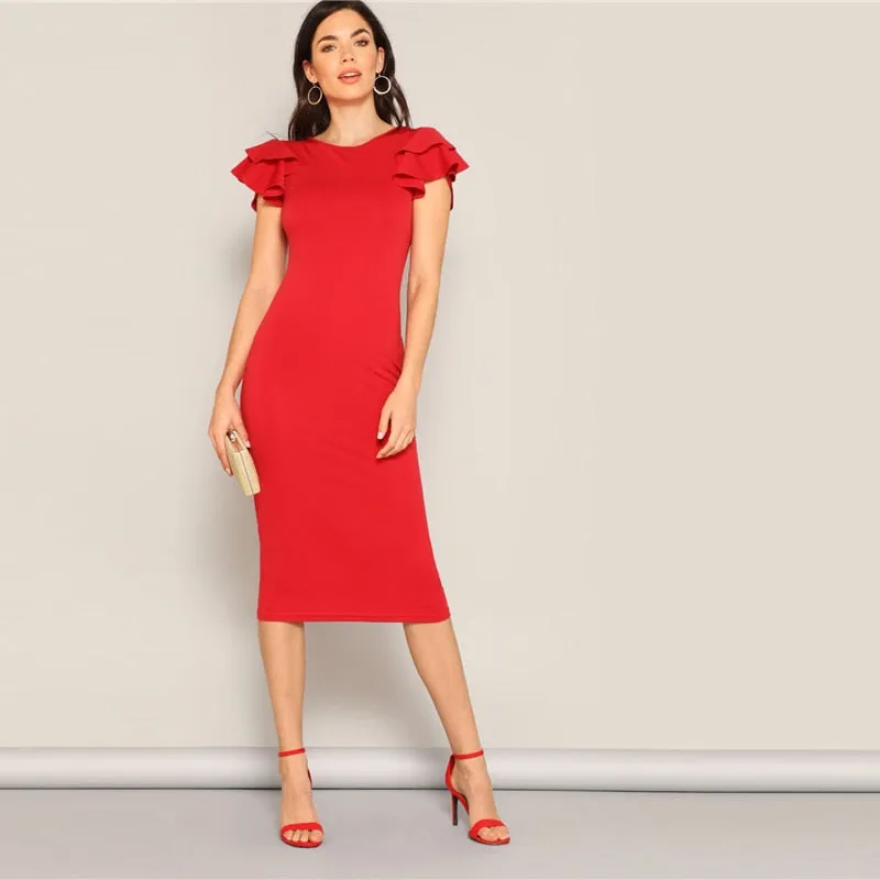 Red Layered Ruffle Sleeve Crisscross Back Bodycon Dress Women Summer Elegant Sleeveless Solid Slim Midi Party Dress