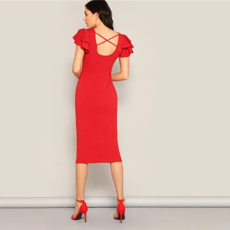 Red Layered Ruffle Sleeve Crisscross Back Bodycon Dress Women Summer Elegant Sleeveless Solid Slim Midi Party Dress