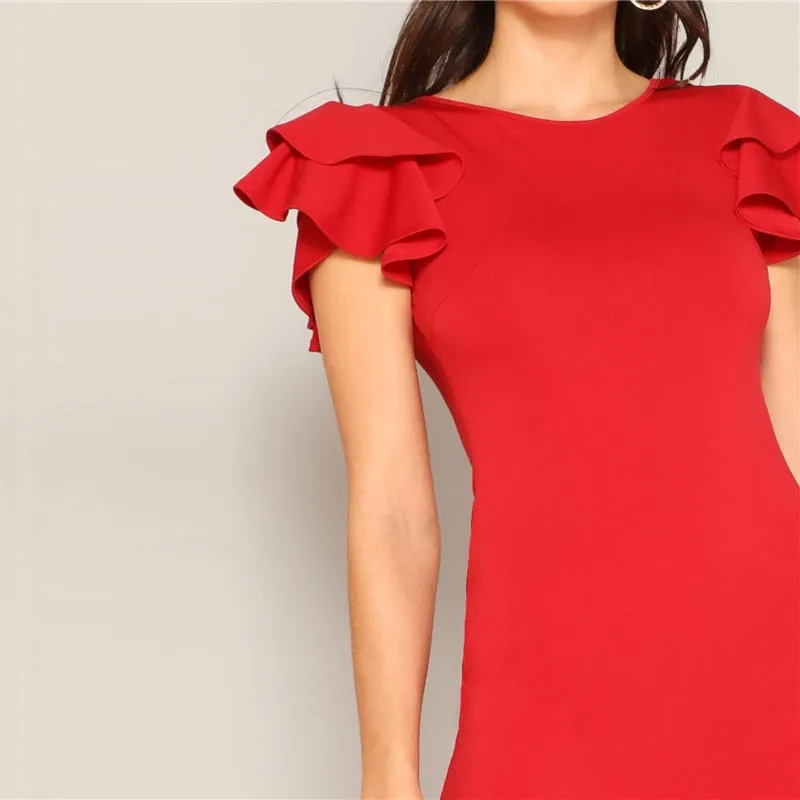 Red Layered Ruffle Sleeve Crisscross Back Bodycon Dress Women Summer Elegant Sleeveless Solid Slim Midi Party Dress