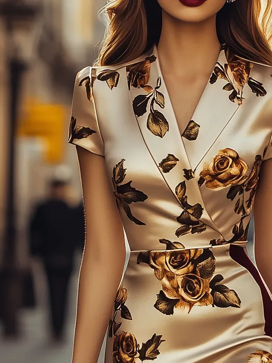 Retro Lapel Floral Print Satin Pencil Dress