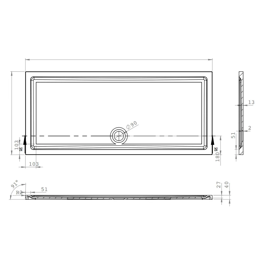 Roman Stone Solid Surface Anti Slip Shower Tray - 1600 x 700 x 40mm