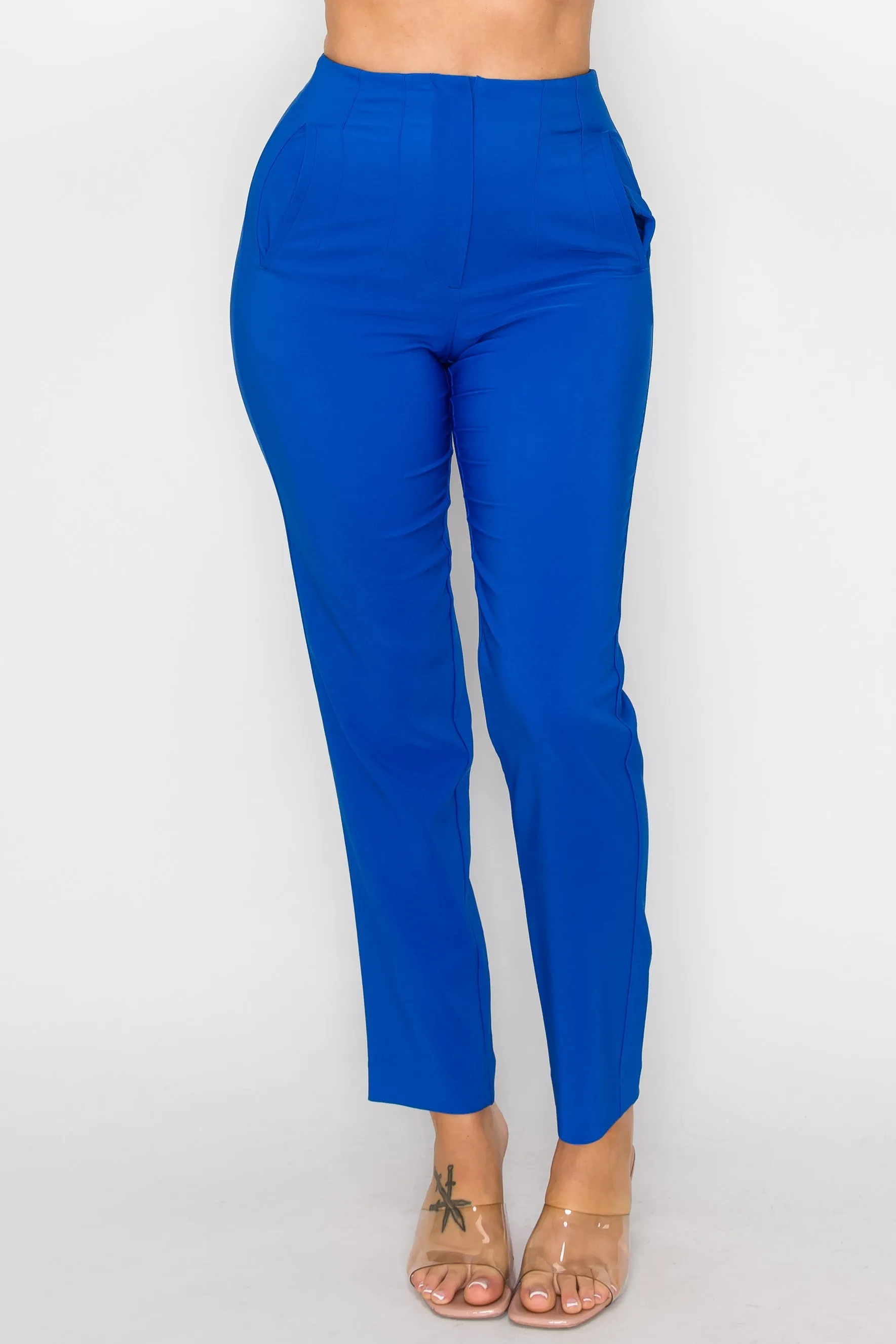 Royal Blue Solid High Waist Dress Pants