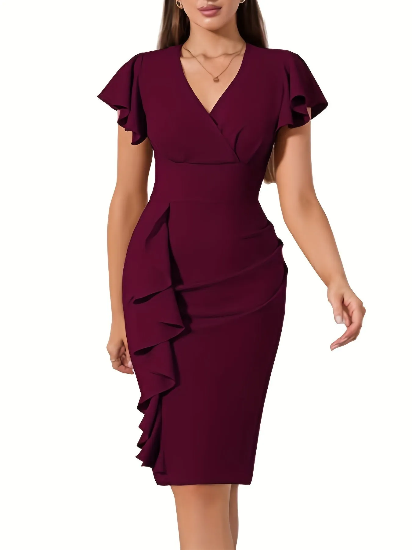 Ruffle Hem Bodycon Dress, Elegant V-neck Flutter Sleeve Dress, Women's Clothing