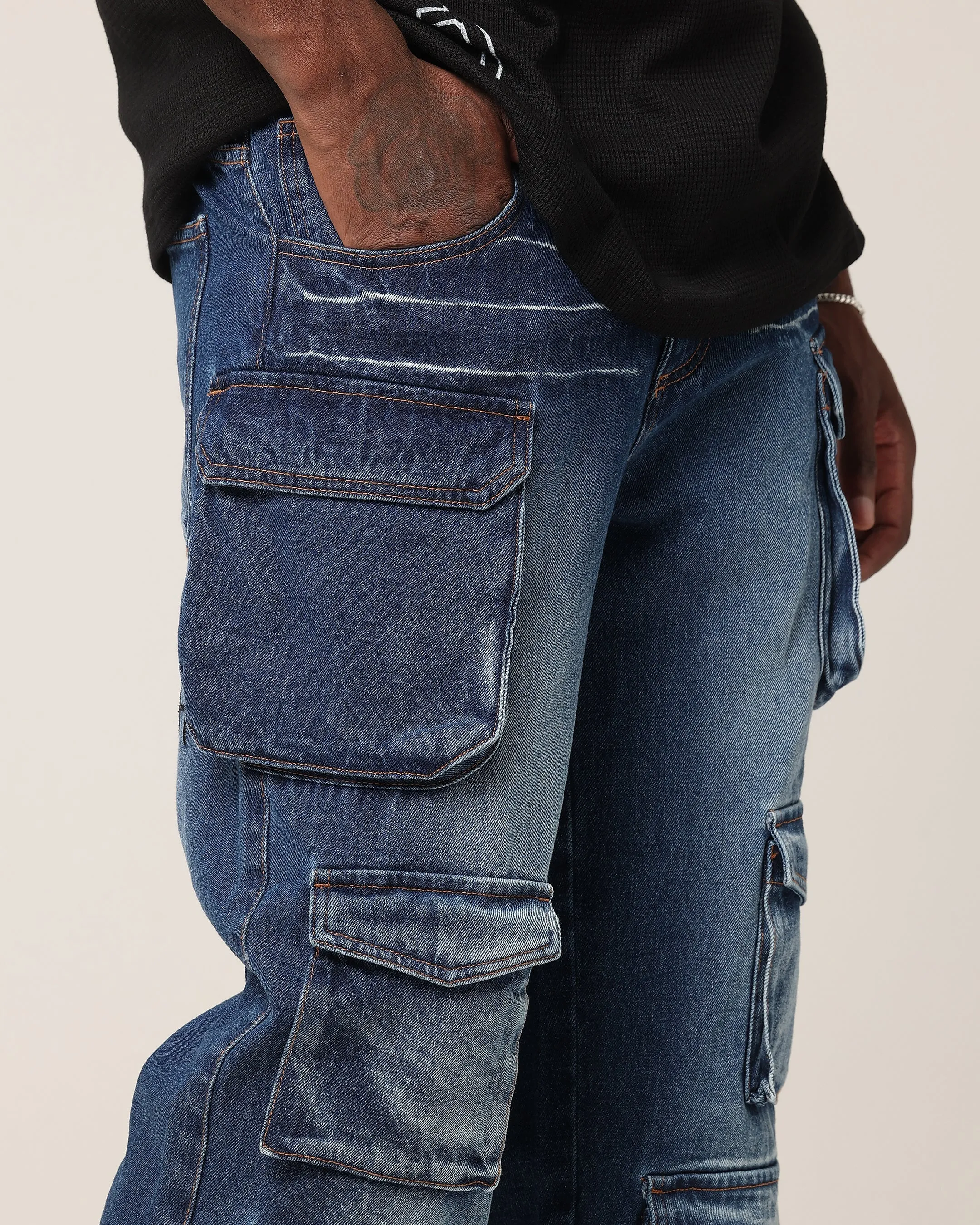 Saint Morta Baggy Cargo Pants Dark Blue Denim