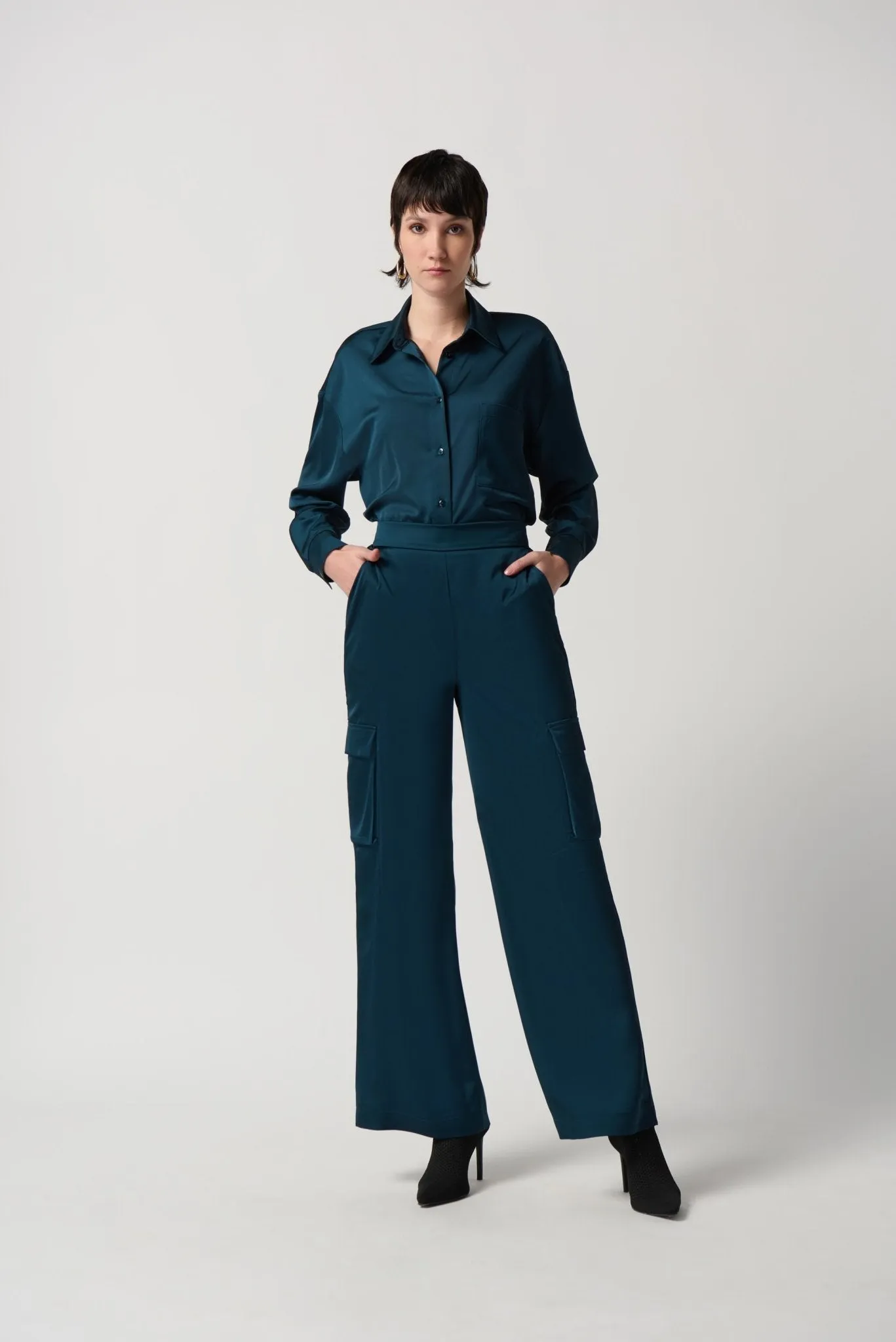 Satin Wide-Leg Cargo Pants Style 234117 | Alpine Green