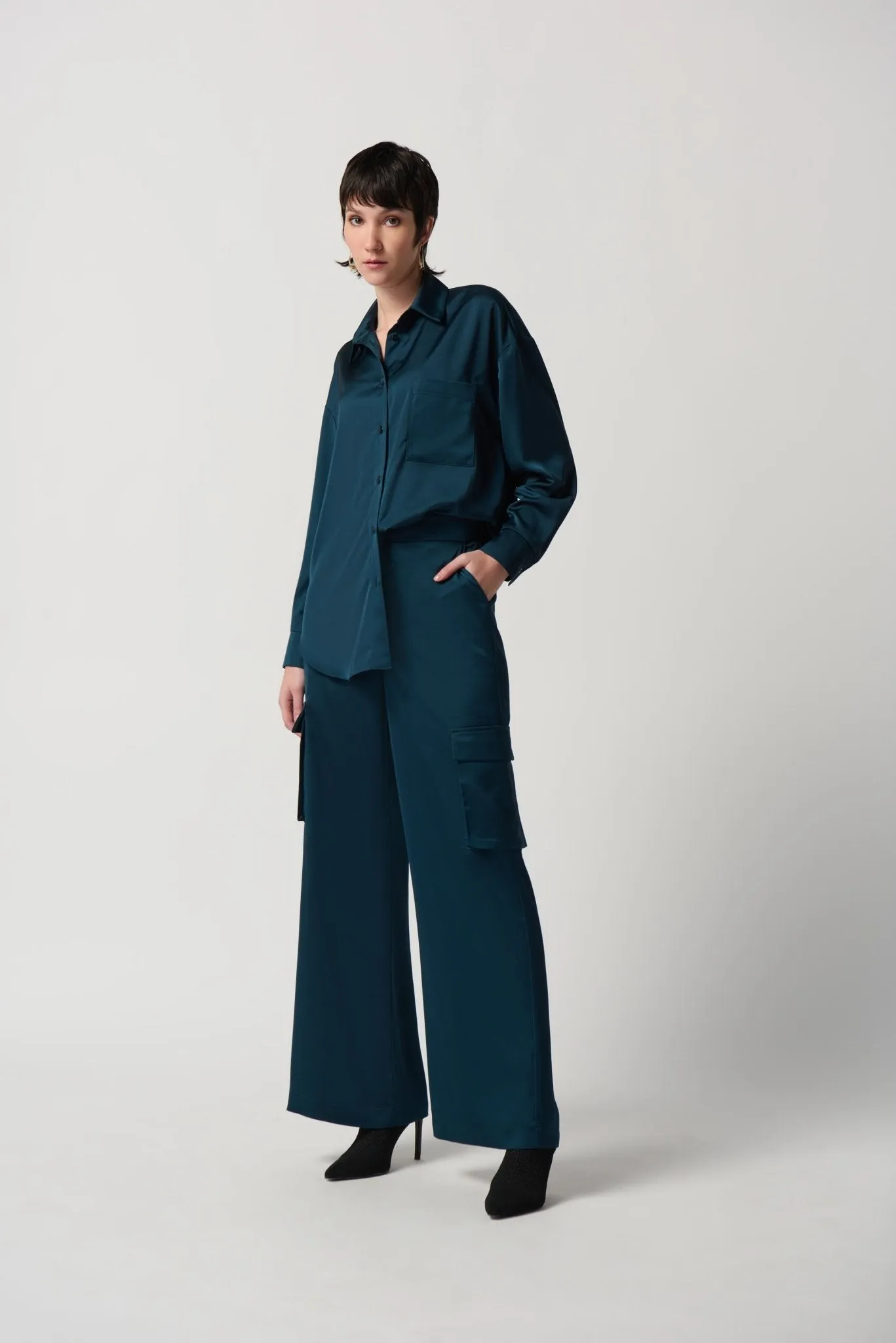 Satin Wide-Leg Cargo Pants Style 234117 | Alpine Green