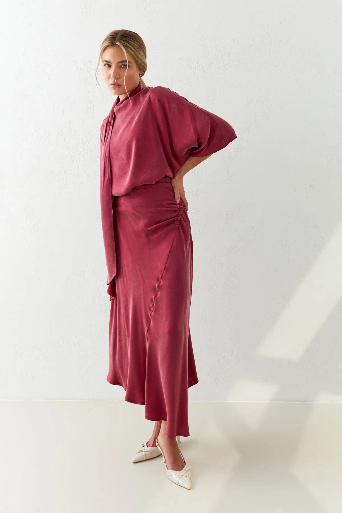 Setre Asymmetrical Gathered Skirt Burgundy