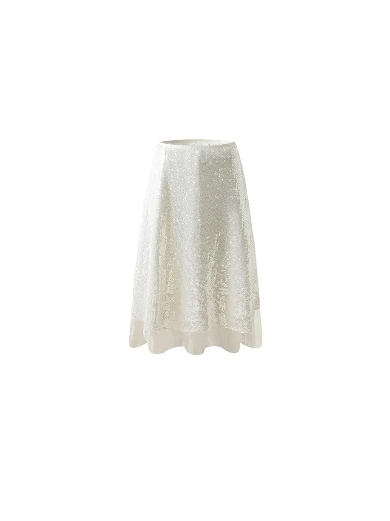 Shimmer Sequins Layered Hem A-Line Wavy Skirt