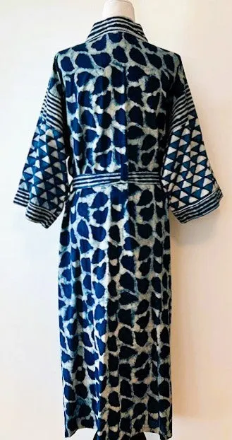 Short Cotton Striped Cotton Kimono Duster in Indigo. Handmade