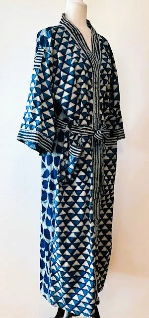 Short Cotton Striped Cotton Kimono Duster in Indigo. Handmade