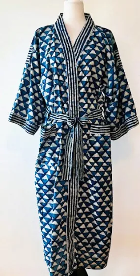 Short Cotton Striped Cotton Kimono Duster in Indigo. Handmade