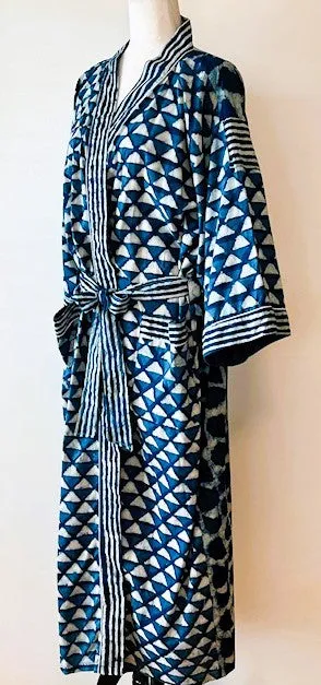 Short Cotton Striped Cotton Kimono Duster in Indigo. Handmade