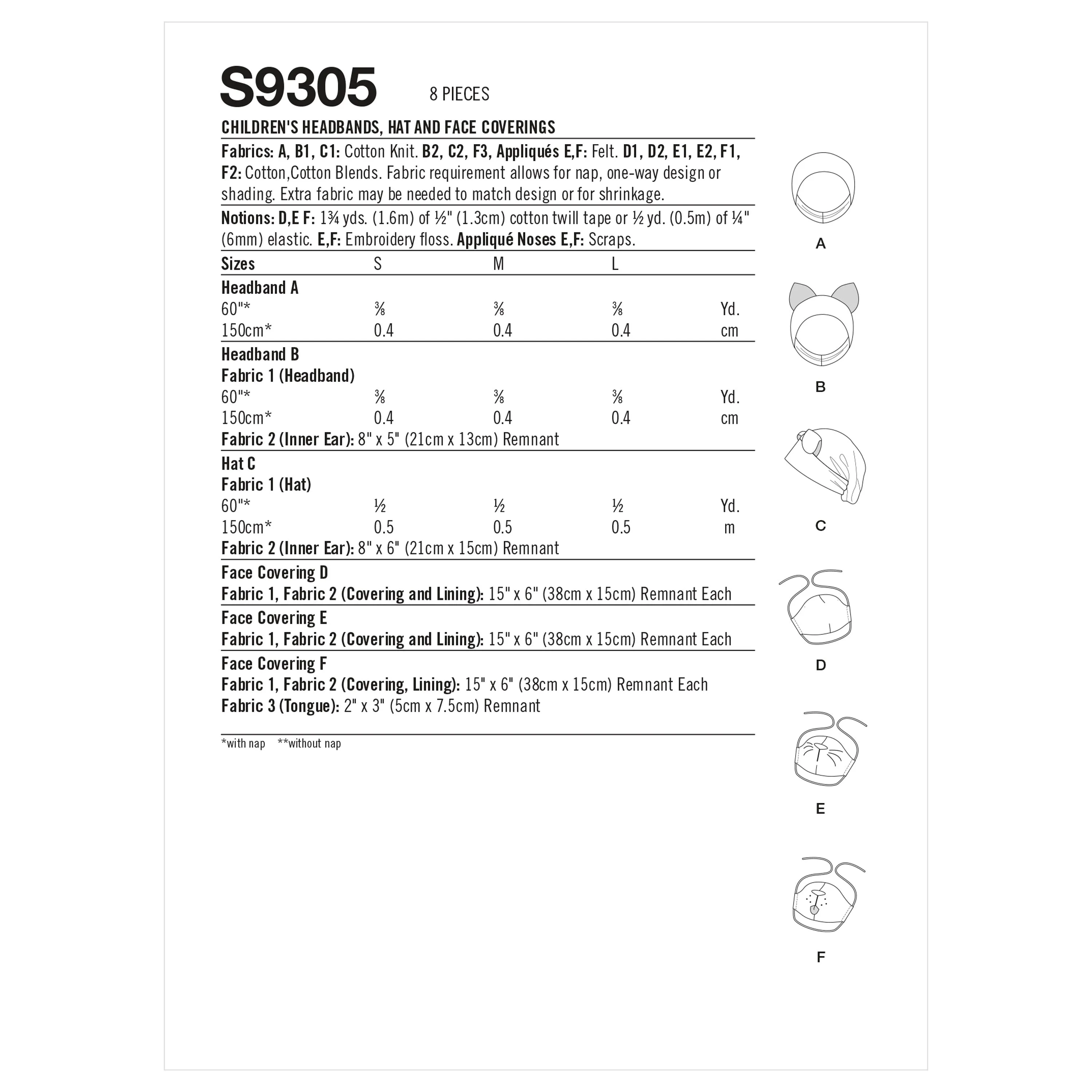 Simplicity Pattern 9305 Children's Headbands, Hat & Face Coverings