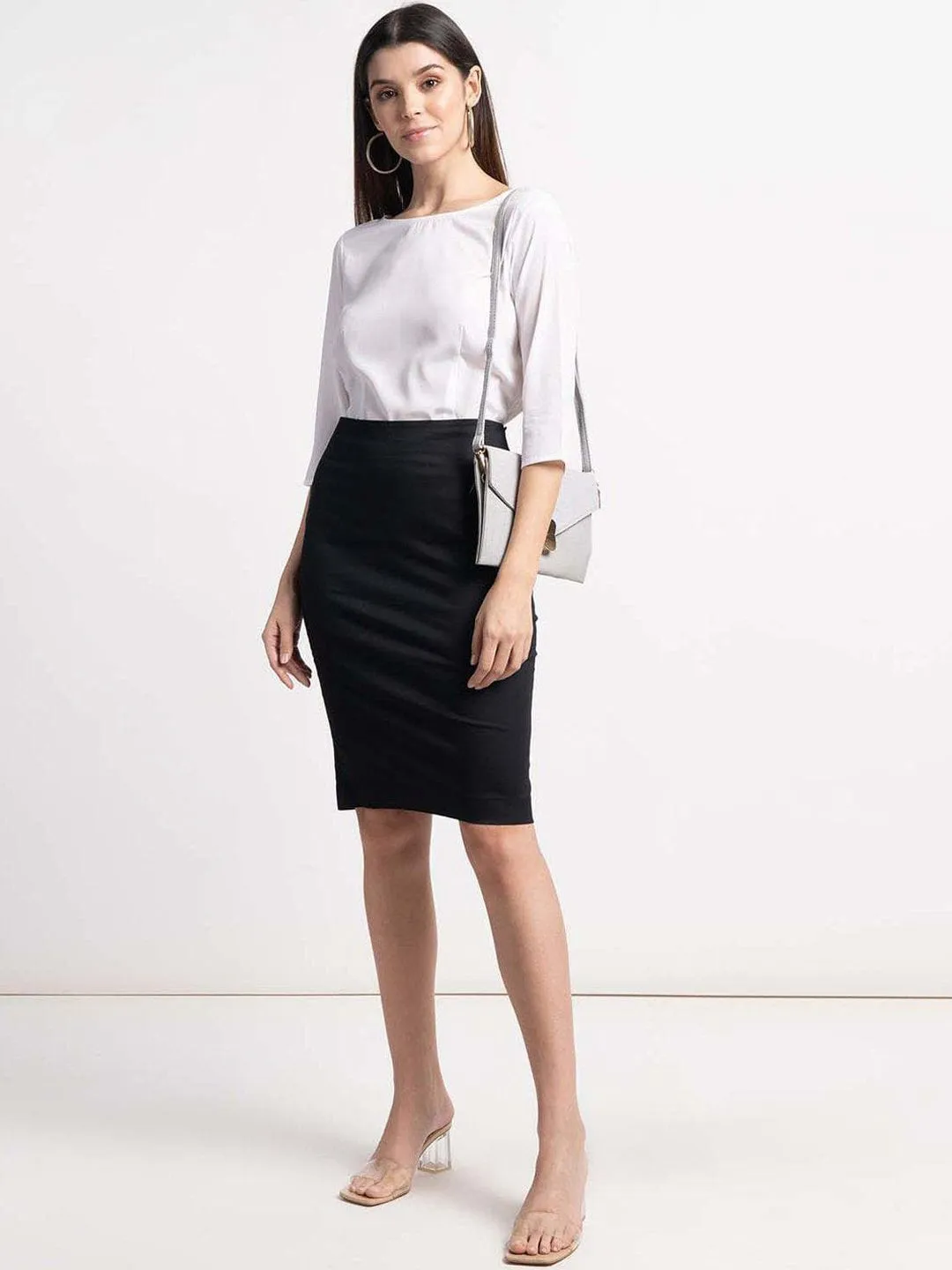 Slim Fit Stretch Pencil Skirt - Black