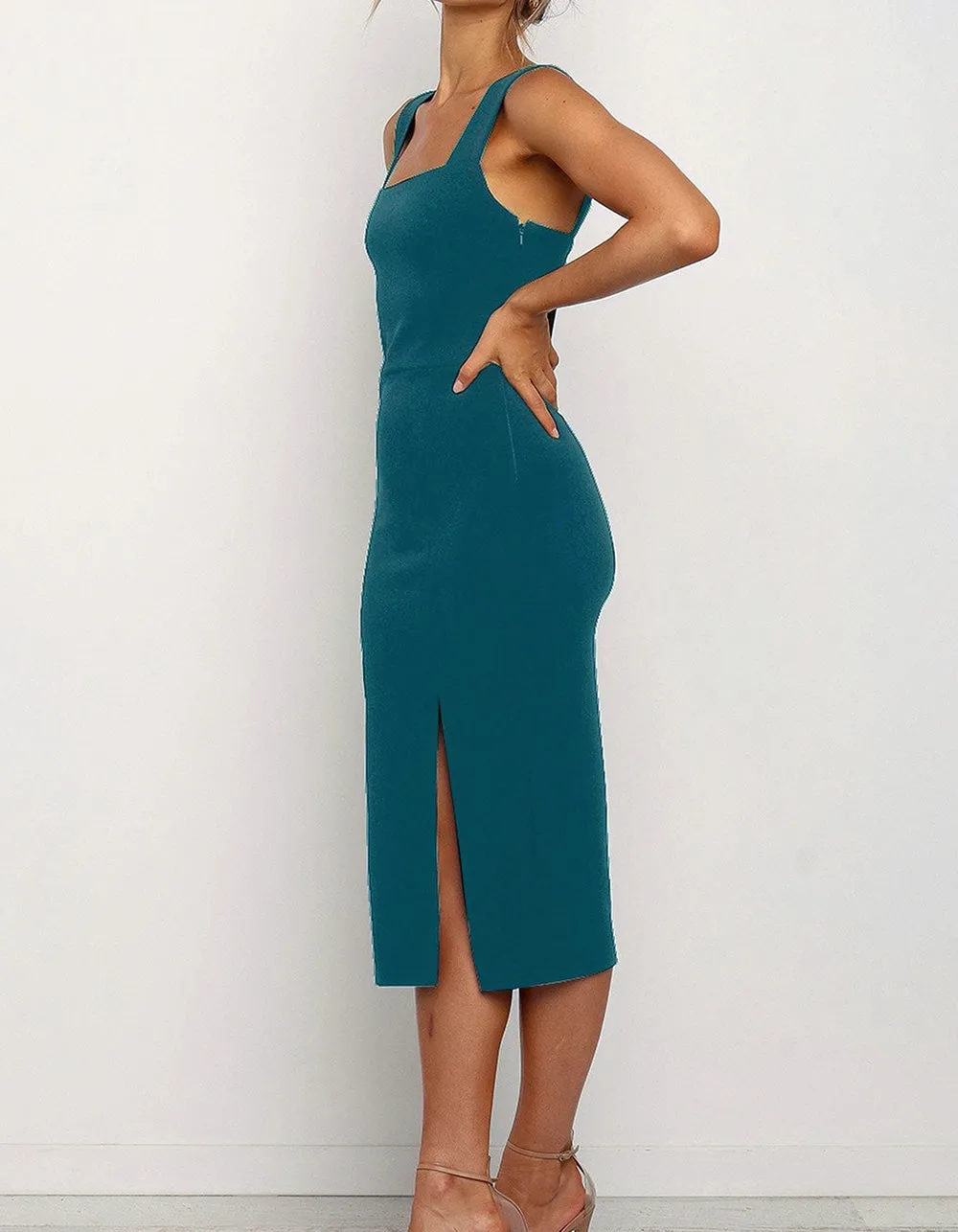 Solid-color Strap Square Neck Backless Slits Midi Bodycon Dresses