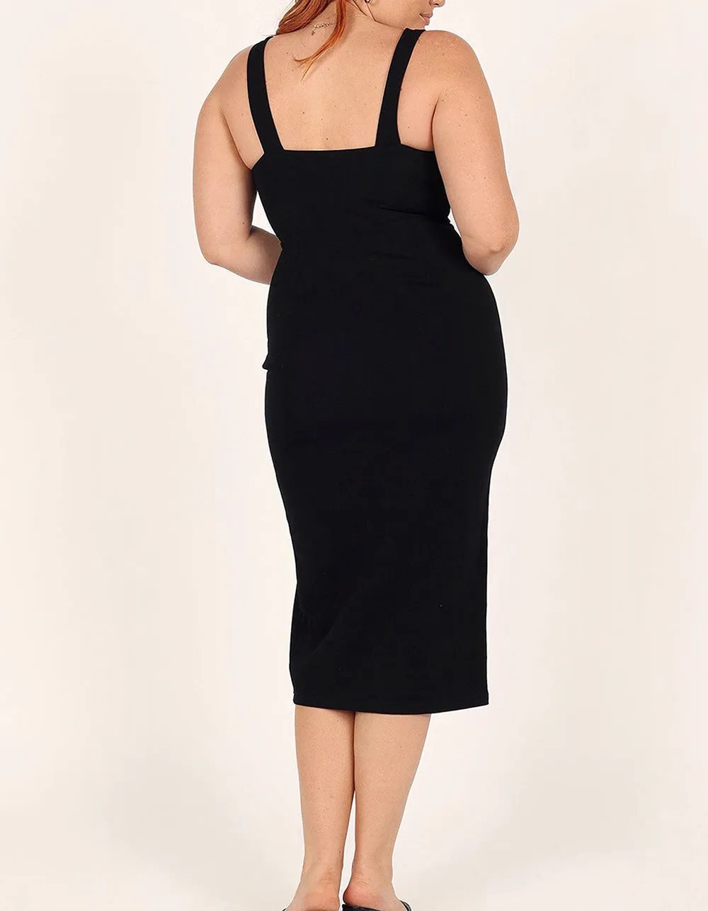 Solid-color Strap Square Neck Backless Slits Midi Bodycon Dresses