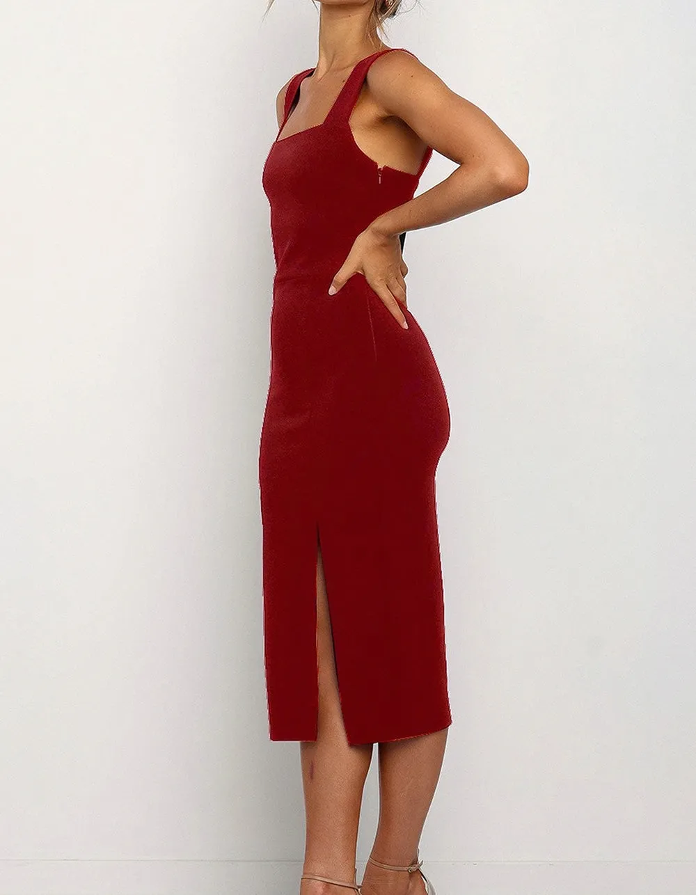 Solid-color Strap Square Neck Backless Slits Midi Bodycon Dresses