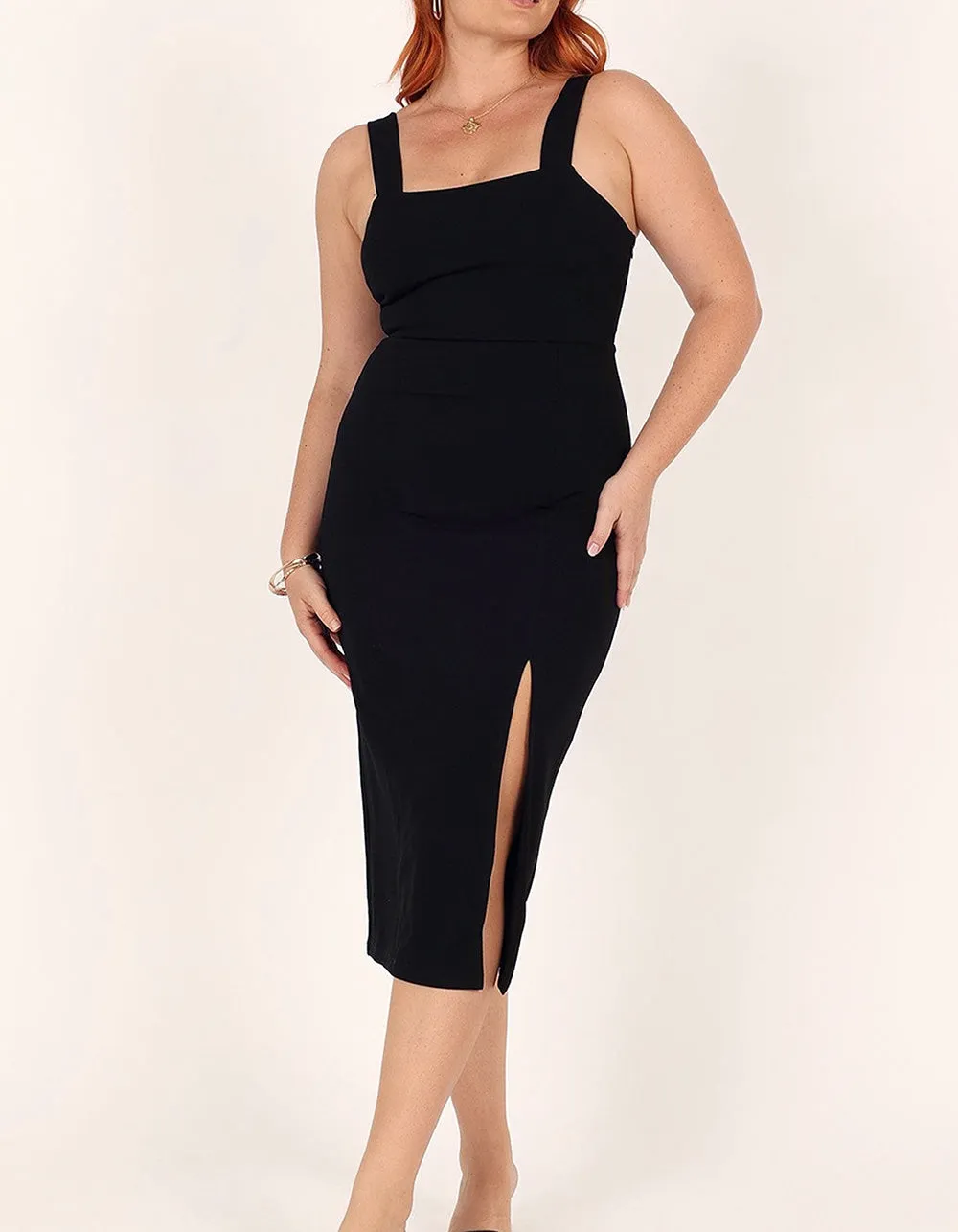 Solid-color Strap Square Neck Backless Slits Midi Bodycon Dresses