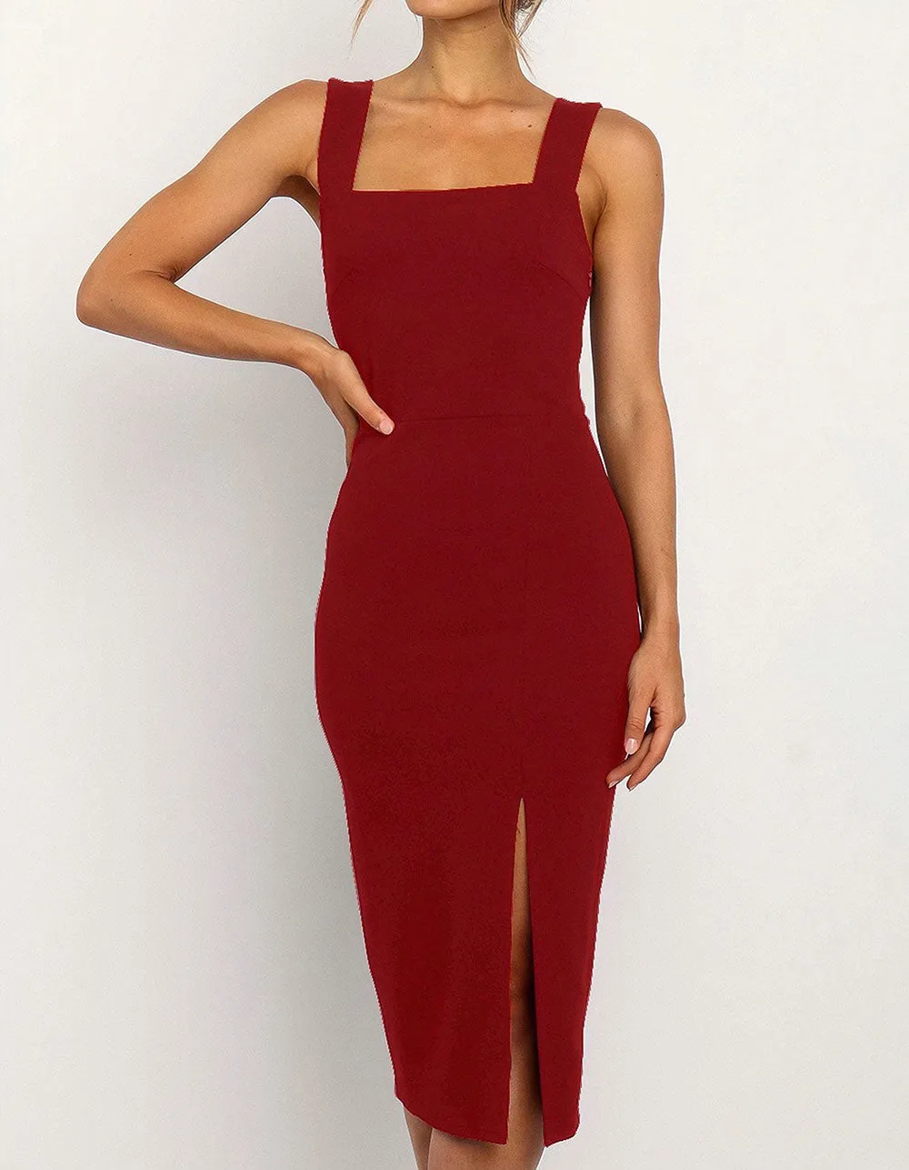 Solid-color Strap Square Neck Backless Slits Midi Bodycon Dresses