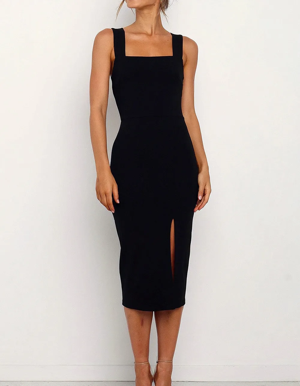 Solid-color Strap Square Neck Backless Slits Midi Bodycon Dresses