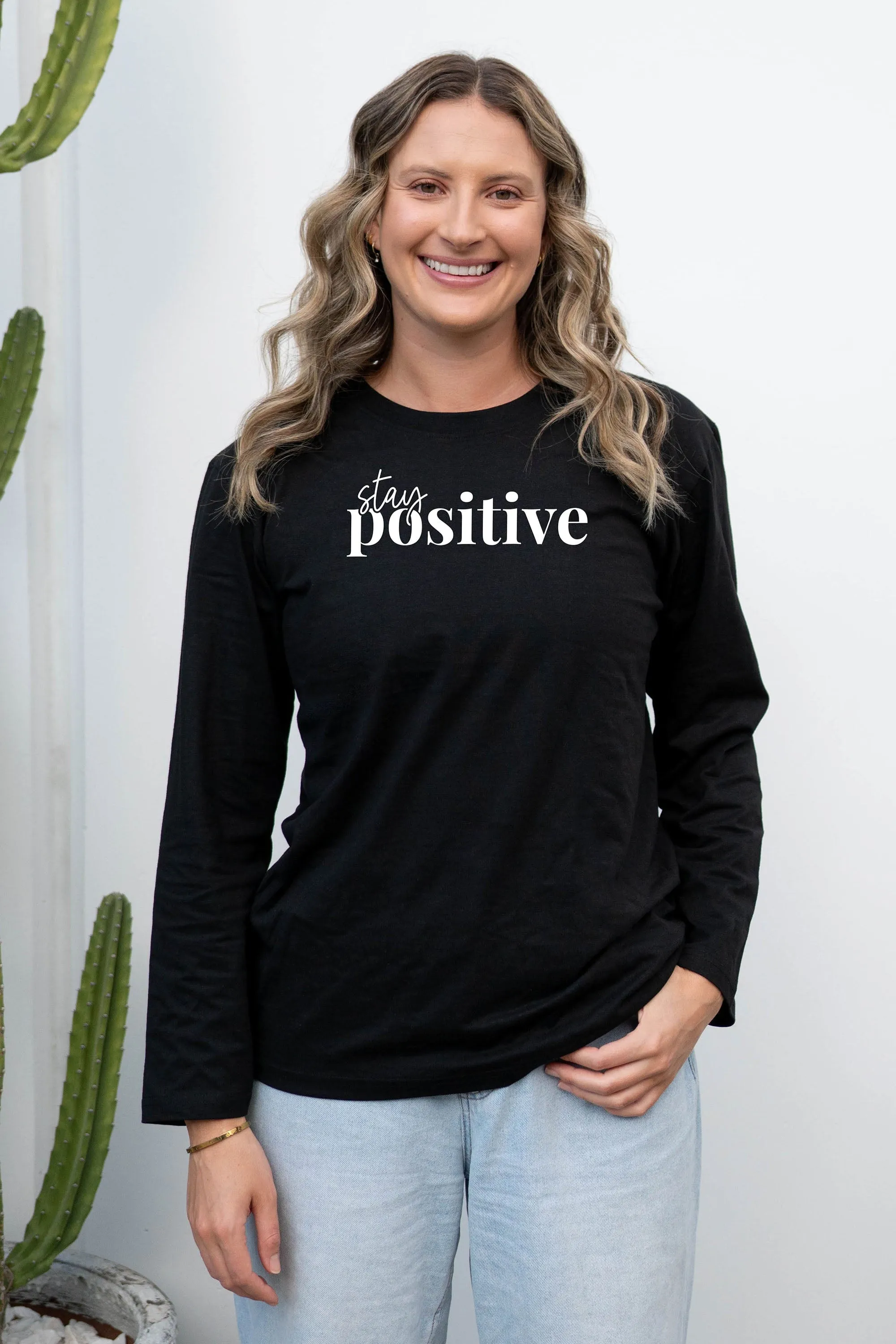 Stay Positive Note Long Sleeve T-Shirt Black