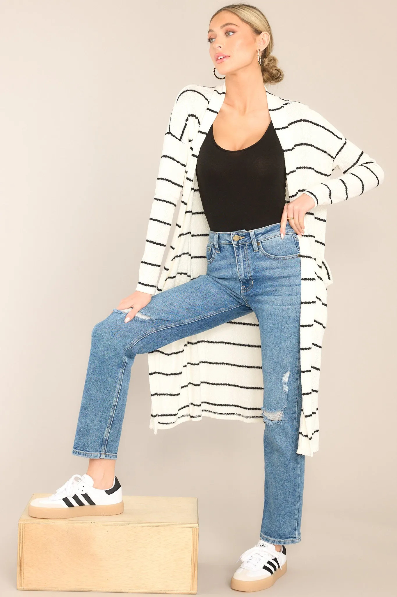 Story Unfolding White & Black Striped Cardigan