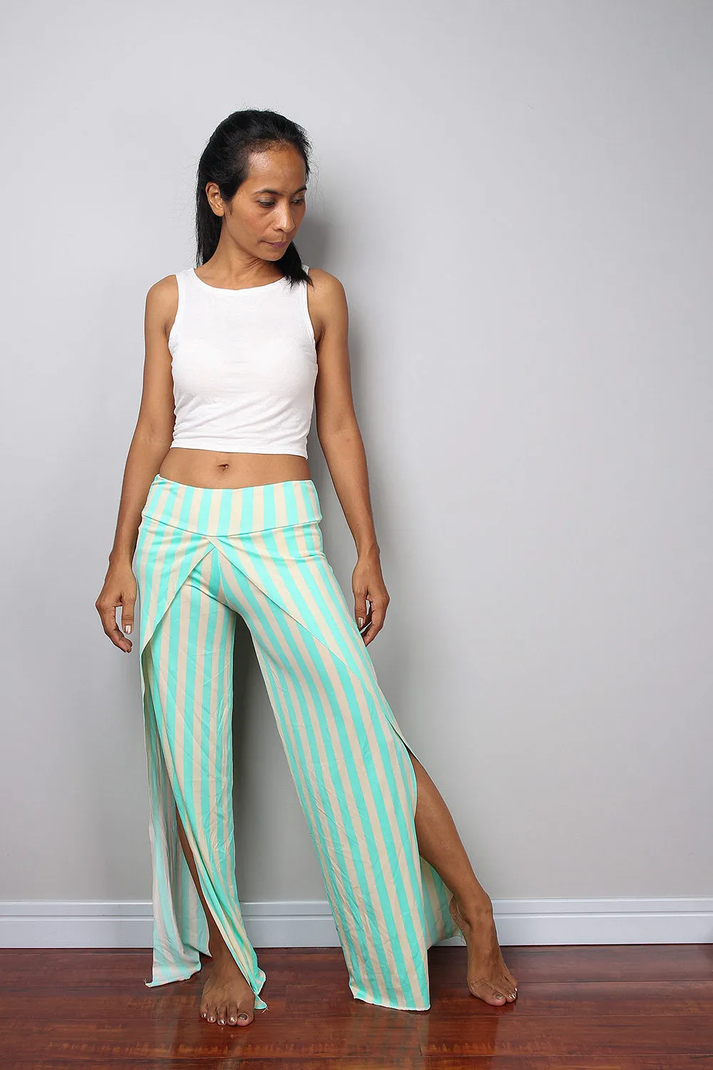 Striped pants / green - cream yoga pants / long striped pants / Split pants : Urban Chic Collection