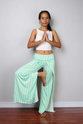 Striped pants / green - cream yoga pants / long striped pants / Split pants : Urban Chic Collection