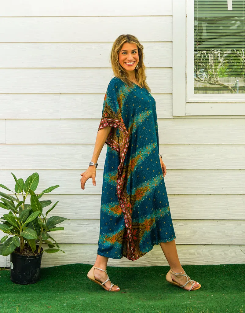 Teal Peacock Feather Kimono Kaftan Dress