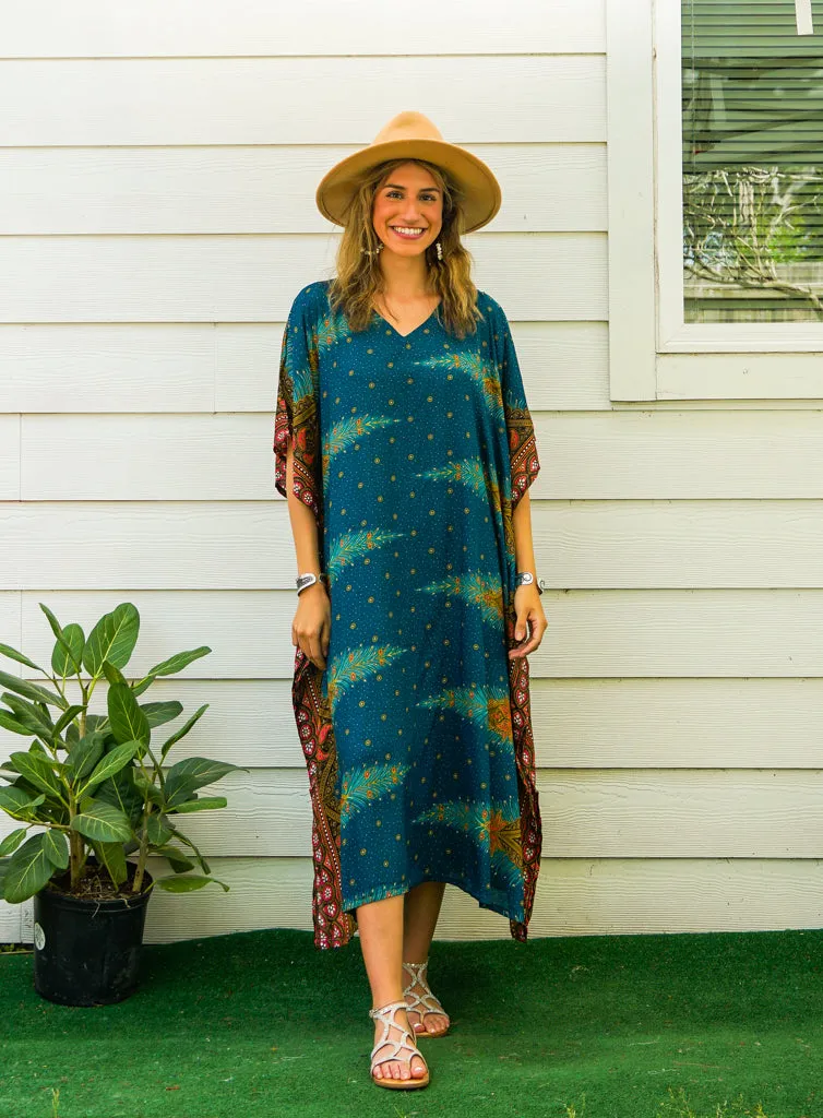 Teal Peacock Feather Kimono Kaftan Dress