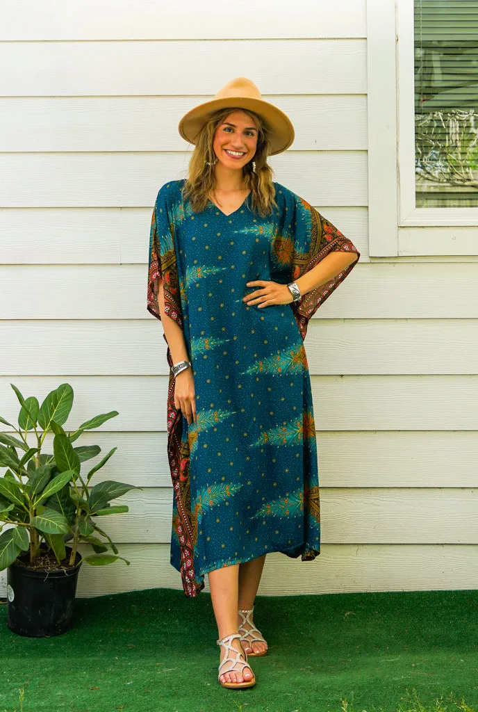 Teal Peacock Feather Kimono Kaftan Dress