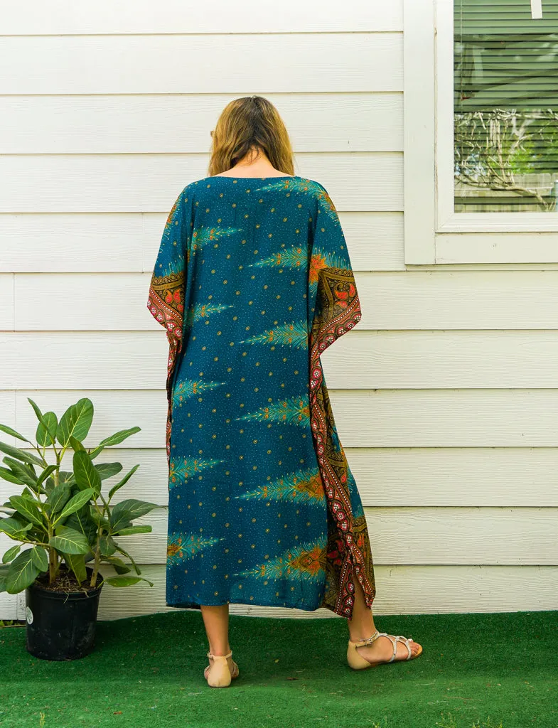 Teal Peacock Feather Kimono Kaftan Dress