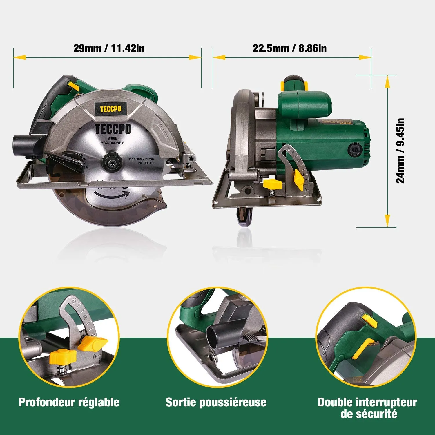 TECCPO 1200W Circular Saw, 5800 RPM, 24T Φ185mm Blade, Max Cutting Depth: 63mm(90°), 45mm (45 °), Pure Copper Motor - TACS22P